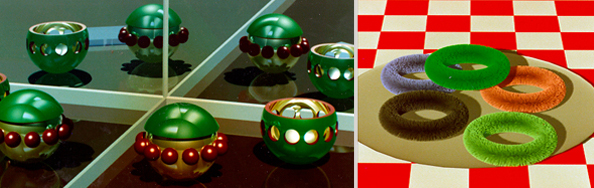 3D renderings of green spheres with mirrors, fuzzy rings on a plate on a checkered tablecloth